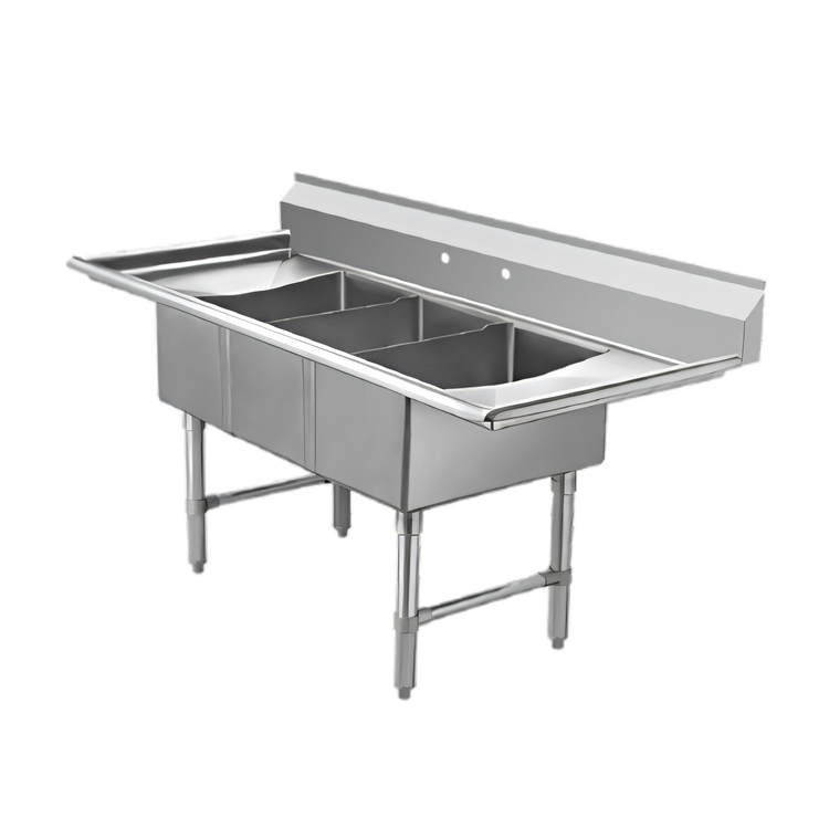 Product image #1 for Klinger's Trading Economy 3-Compartment Floor Model Stainless Steel Sink with Double Drainboards, 60 Inch