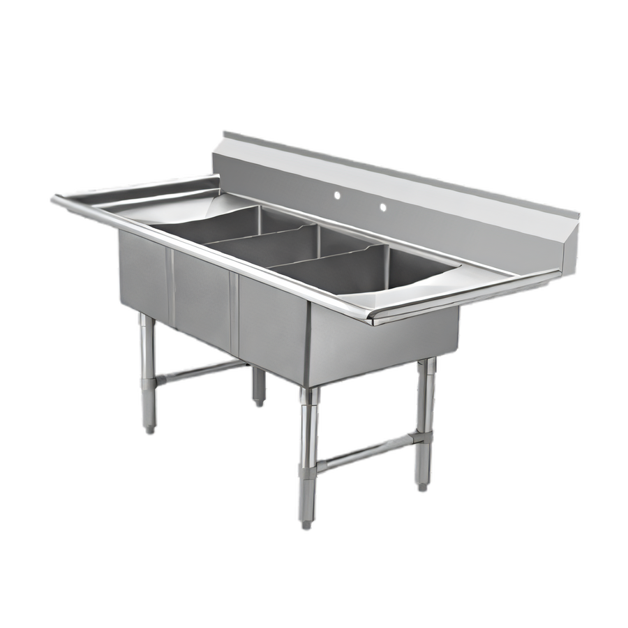 Product image #1 for Klinger's Trading Economy 3-Compartment Floor Model Stainless Steel Sink with Double Drainboards, 60 Inch