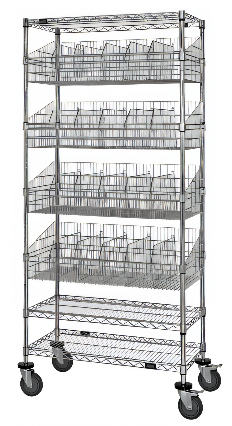 Product image #1 for Quantum Chrome Plated Post Basket Cart with 3 Wire Shelves, 4 Baskets, 12 Dividers, and 6 Label Holders
