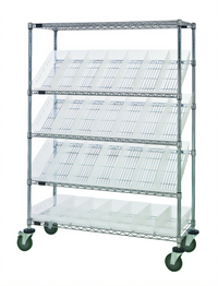 Quantum Slanted Shelf Cart with 28 Clear Bins, 1,200 lb. Capacity, Chrome-Plated Finish