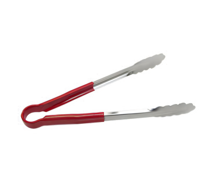 Product image #1 for 10 Inch Heavy-Duty Stainless Steel Scalloped Edge Utility Tongs with Red Poly-Coated Handle
