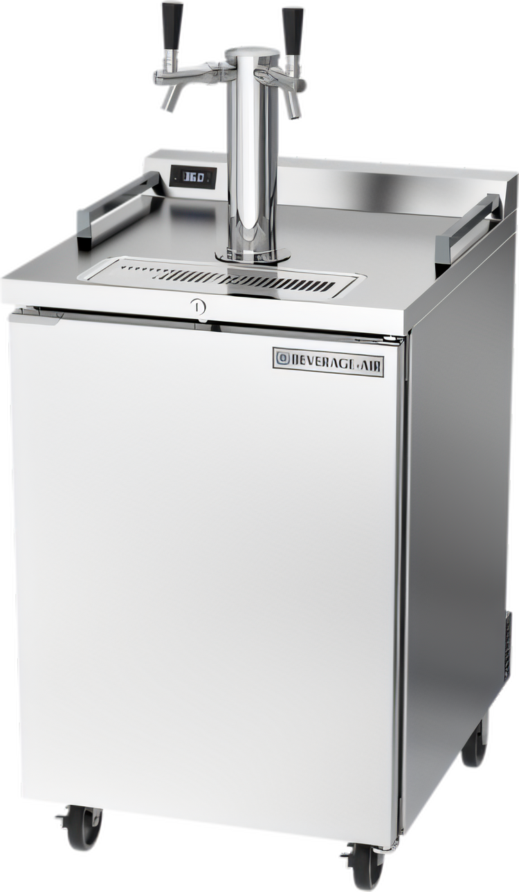 Product image #1 for Beverage Air Dual Zone Wine & Beer Draft Cooler with 2-Tap Tower, 24-Inch Wide, 4-Keg Stainless Steel Flat Top Beer Dispenser