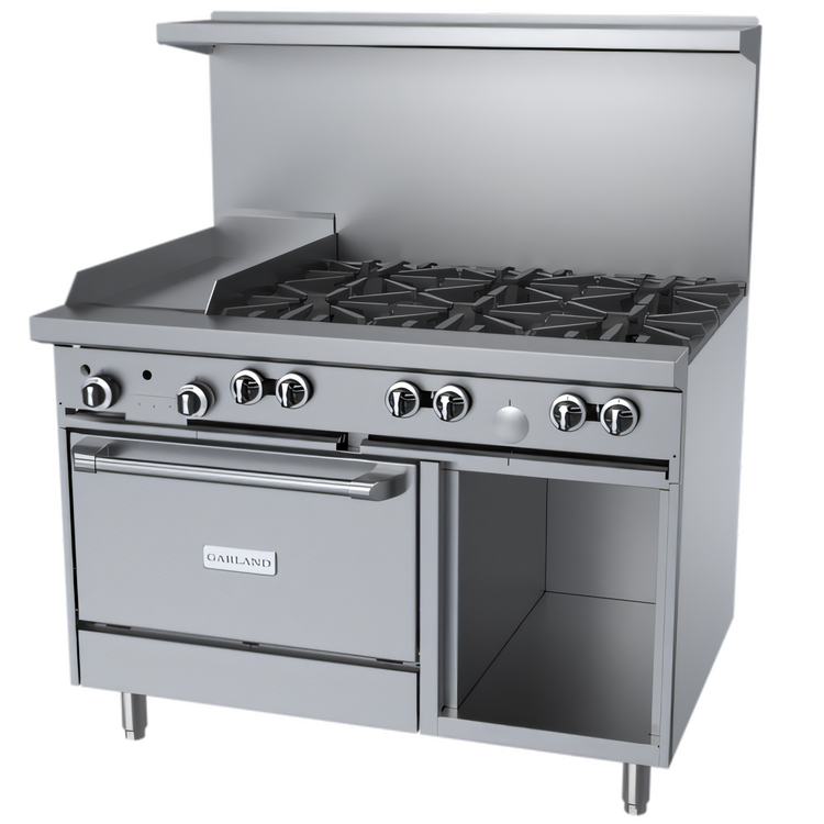 Product image #1 for Garland G Starfire Pro 48-Inch Gas Restaurant Range with 6 Open Burners, 12-Inch Griddle, Standard Oven and Storage Base