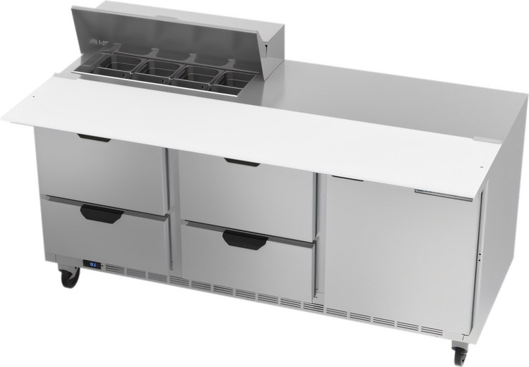 Product image #1 for Beverage Air 72-Inch Three-Section Sandwich Top Refrigerated Prep Table with 4 Drawers, 1 Door, and 8-Pan Top