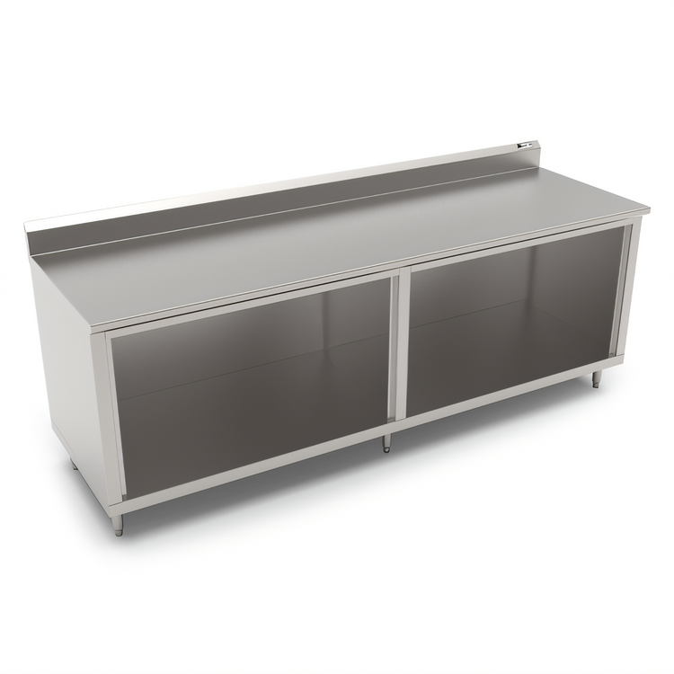 Product image #1 for John Boos 96-Inch x 24-Inch Stainless Steel Work Table with Open Front Cabinet Base and 5-Inch Backsplash