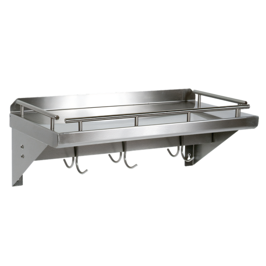 Product image #1 for John Boos Cucina Mensola Grande Wall-Mount Pot Rack Shelf with Utensil Bar and 5 Double Hooks, 48 x 12 Inch, Stainless Steel