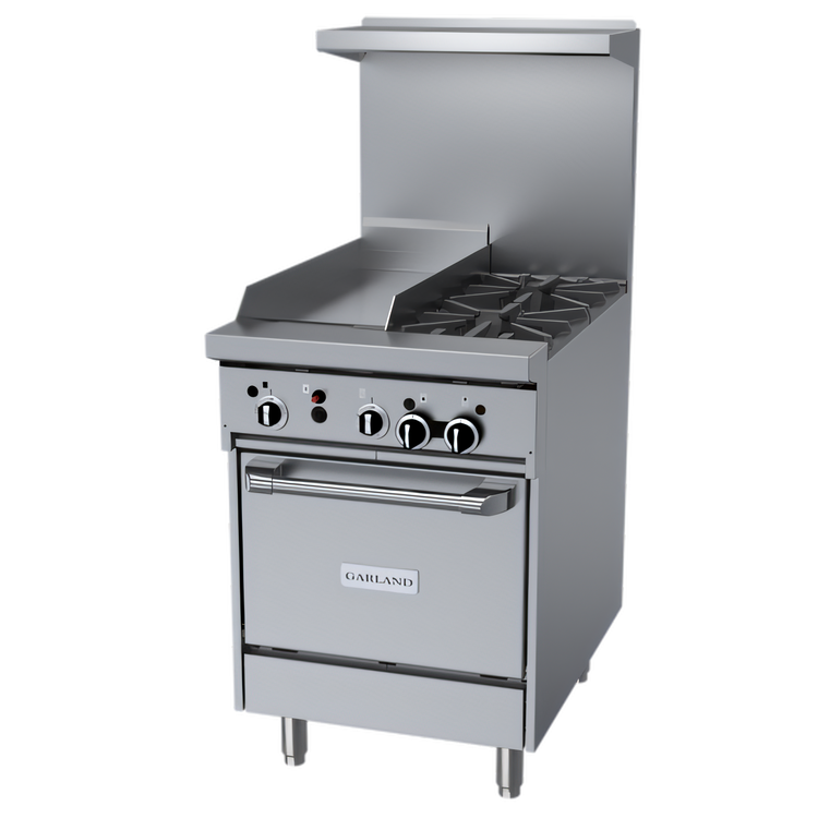 Product image #1 for Garland GF Starfire Pro Series 24 Inch Gas Restaurant Range with 2 Open Burners, 12 Inch Thermostatic Griddle, and Space-Saver Oven