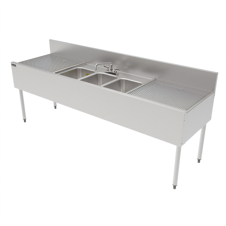 Product image #1 for Top Shelf TSF84M3-DB Three-Compartment Underbar Sink Unit with Dual Drainboards and Backsplash, 84 Inch x 24 Inch