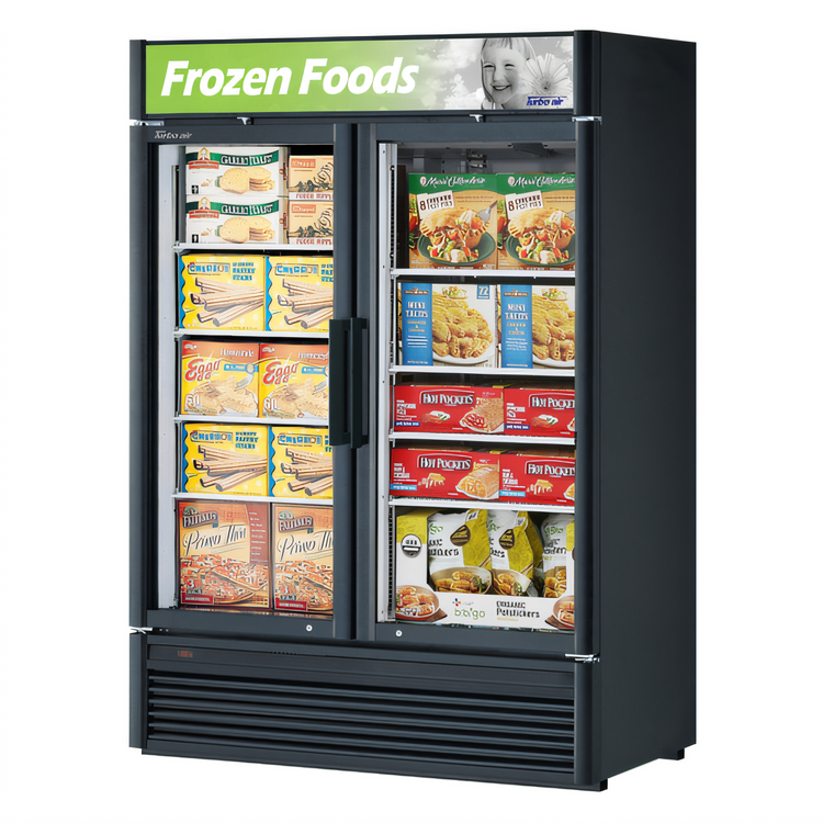 Product image #1 for Turbo Air Super Deluxe Two-Section Glass Door Merchandiser Freezer, 39 Cu. Ft., Self-Contained, Bottom-Mount Compressor