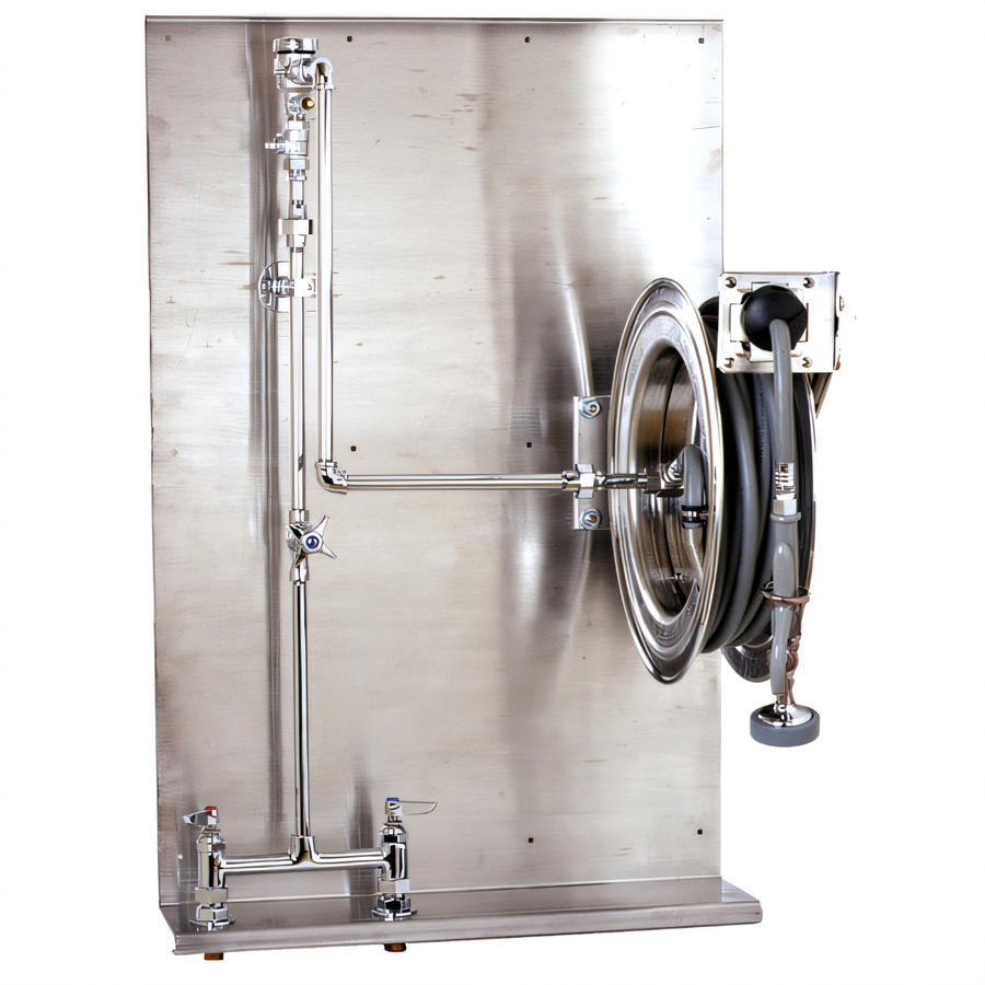 Product image #1 for Open Stainless Steel Retractable Hose Reel Assembly with 35-Foot Hose and Mixing Faucet