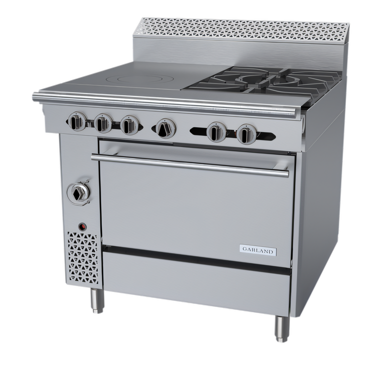 Product image #1 for Garland Cuisine Series 36-Inch Heavy Duty Combination Top Gas Range with Standard Oven, 2 Open Burners and Front-Fired Hot Top