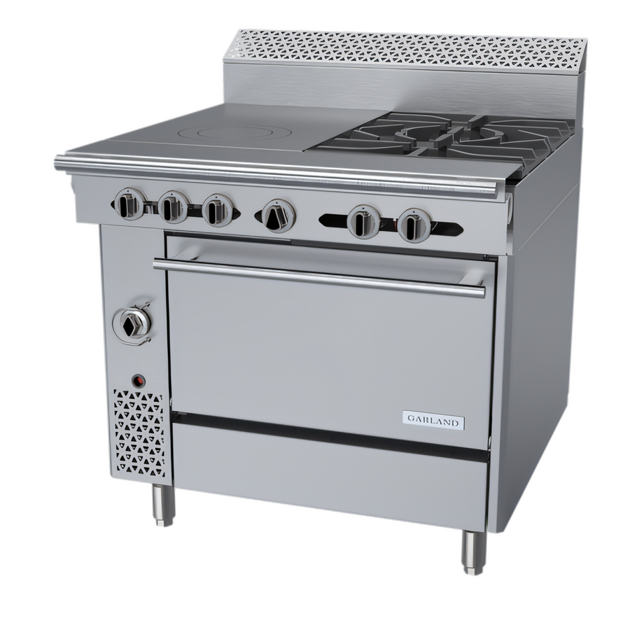 Product image #1 for Garland Cuisine Series 36-Inch Heavy Duty Combination Top Gas Range with Standard Oven, 2 Open Burners and Front-Fired Hot Top