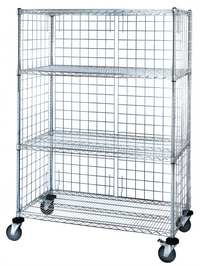 Quantum Mobile Enclosure Wire Shelving Cart with 4 Shelves, 60 x 24 x 69 Inches, Chrome-Plated Finish