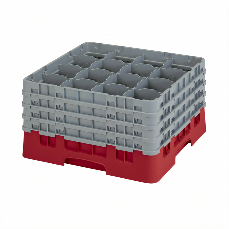 Product image #2 for Cambro Camrack® Full Size 16-Compartment Glass Rack with 4 Soft Gray Extenders, Red