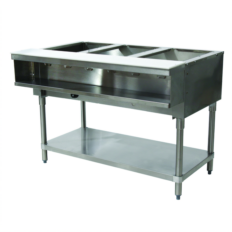Product image #1 for Advance Tabco Triumph Supreme 3-Well Propane Water Bath Hot Food Table with Poly Cutting Board and Undershelf