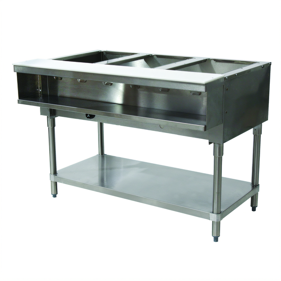 Product image #1 for Advance Tabco Triumph Supreme 3-Well Propane Water Bath Hot Food Table with Poly Cutting Board and Undershelf