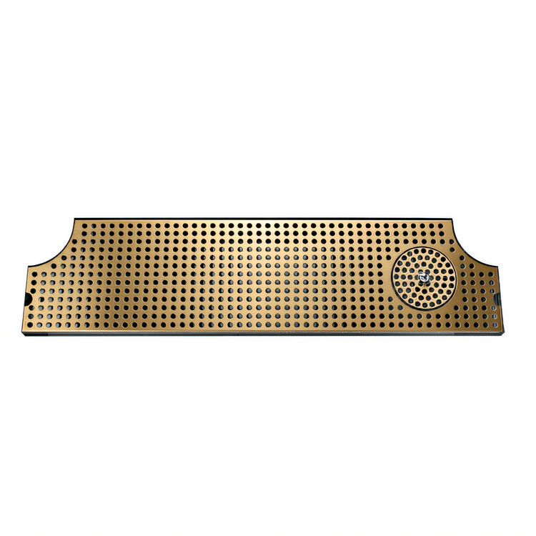 Product image #1 for 52-Inch Surface Mount Drip Tray Trough with Integral Glass Rinser, PVD Brass Screen, and Metropolis H Draft Tower Cutout