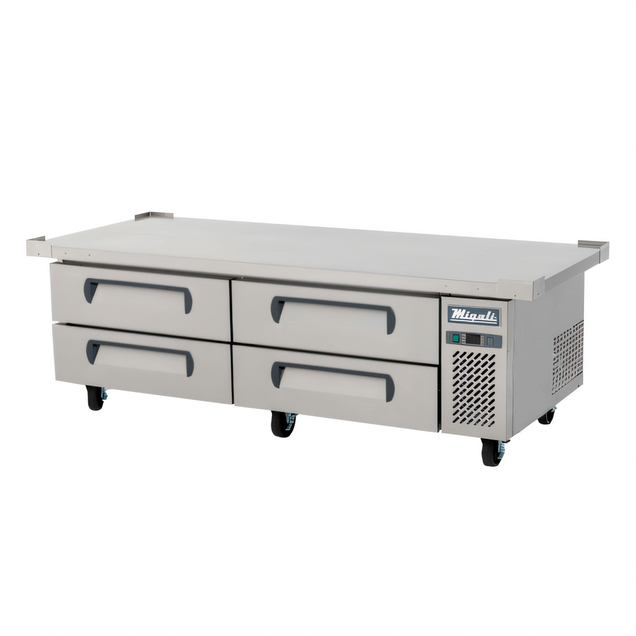Product image #1 for Migali Competitor Series® Two-Section Refrigerated Equipment Stand / Chef Base with 4 Drawers, 76 Inch Wide, Self-Contained Side-Mounted Refrigeration