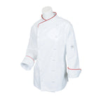 Thumbnail image #1 for Mercer Culinary Renaissance M62045WRS Women's Scoop Neck Chef Jacket, Long Sleeve, White with Red Piping, Small Case of 12