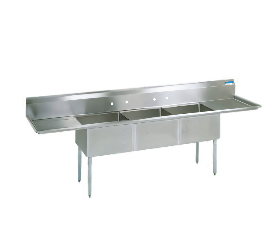 Product image #1 for BK Resources Three-Compartment Stainless Steel Sink with Dual Drainboards, 120-Inch Overall Length