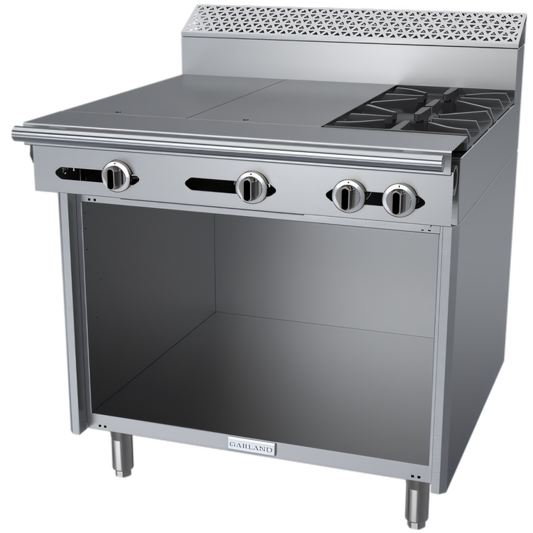 Product image #1 for Garland Cuisine Series 36-Inch Heavy Duty Natural Gas Range with 2 Open Burners, 2 Hot Tops, and Open Cabinet Base