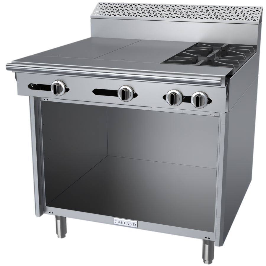 Product image #1 for Garland Cuisine Series 36-Inch Heavy Duty Natural Gas Range with 2 Open Burners, 2 Hot Tops, and Open Cabinet Base