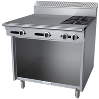 Garland Cuisine Series 36-Inch Heavy Duty Natural Gas Range with 2 Open Burners, 2 Hot Tops, and Open Cabinet Base