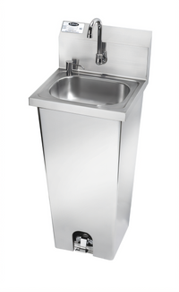 Krowne Pedestal-Mounted Stainless Steel Hand Sink with Foot Pedal Valve and Soap Dispenser