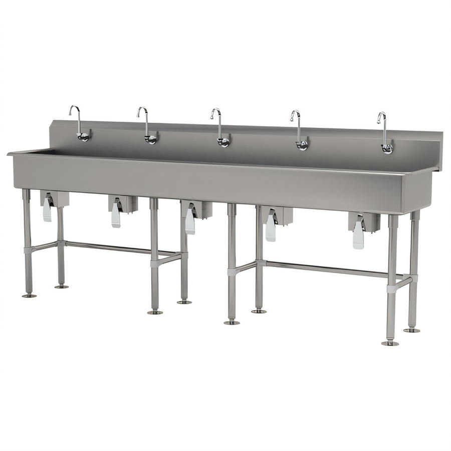 Product image #1 for Advance Tabco 5-Station Freestanding Knee-Operated Hand Wash Sink, 100-Inch Wide, 14-Gauge 304 Stainless Steel