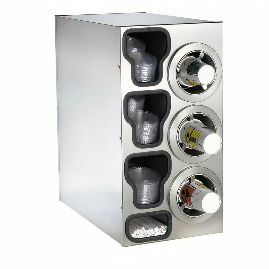 Product image #1 for Dispense-Rite Adjustable Stainless Steel Cup Dispensing Cabinet with 3 Dispensers, Lid Chutes and Straw Organizer