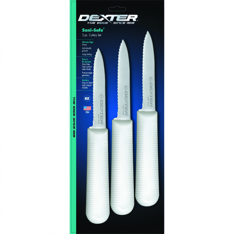 Product image #1 for Dexter-Russell Sani-Safe 3-1/4 Inch Scalloped Paring Knife with White Polypropylene Handle, 3-Pack