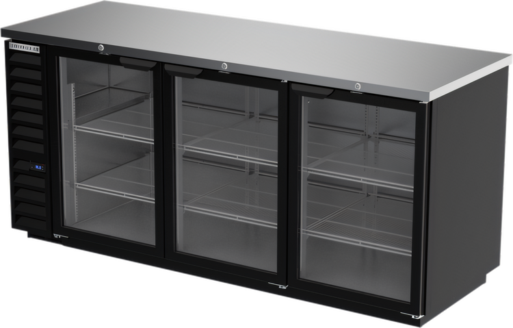 Product image #1 for Beverage-Air BB78HC-G-B 78-Inch Three-Section Glass Door Back Bar Refrigerator with 1-Inch Stainless Steel Top