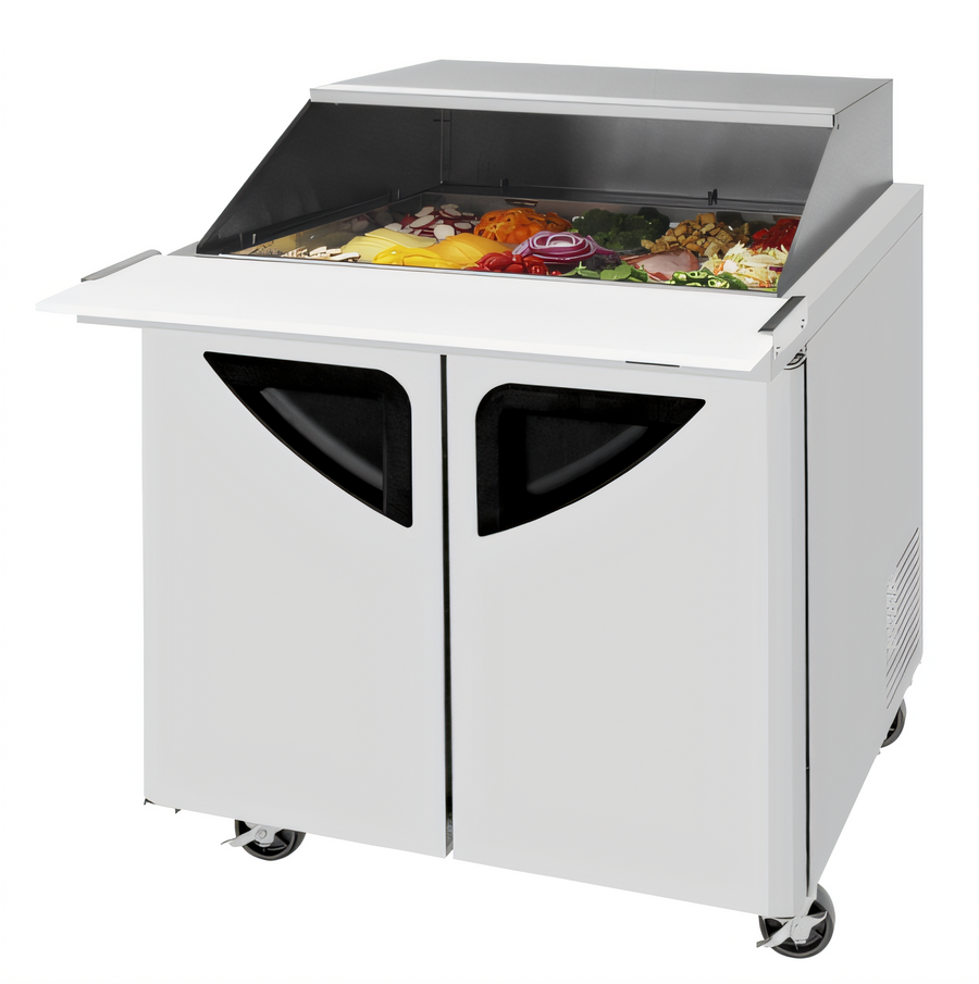 Product image #1 for Turbo Air Super Deluxe 36-1/4-Inch Two-Section Mega Top Sandwich/Salad Prep Table with Slide-Back Lid, 15-Pan Opening, 9 Cu. Ft., Rear-Mounted Refrigeration