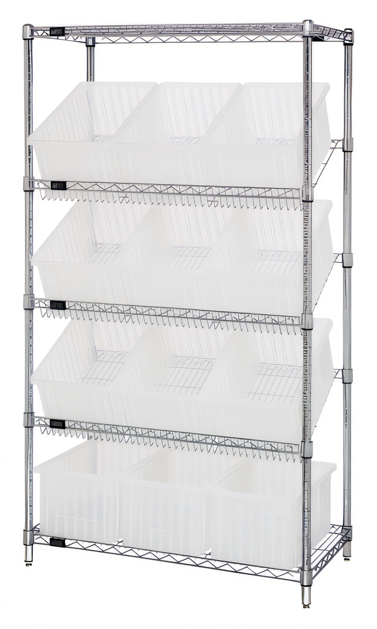 Product image #1 for Quantum Stationary Wire Shelving Bin System with 12 Clear Bins, 36 x 18 x 63 Inches