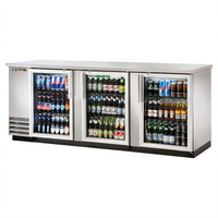 Self-Contained Three-Section Back Bar Cooler with Locking Glass Doors, 90-3/8-Inch Wide, Stainless Steel Top