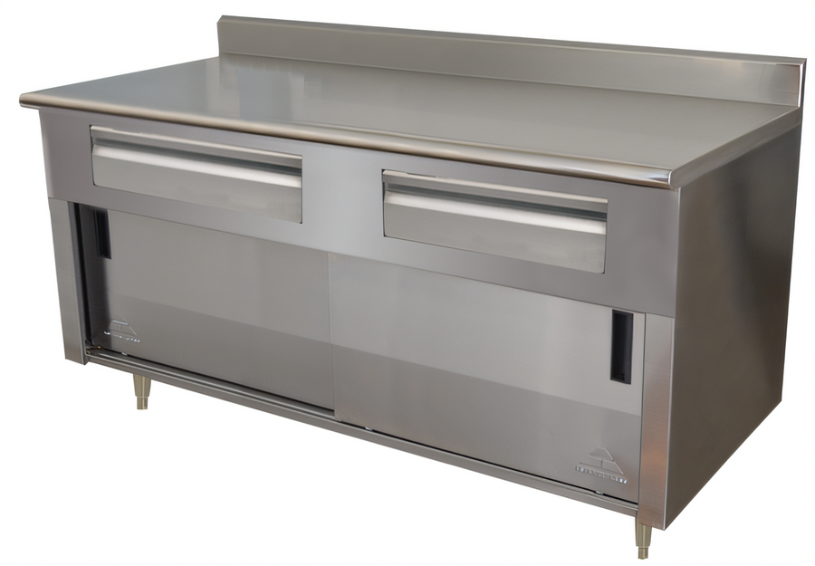 Product image #1 for Advance Tabco 72-Inch x 30-Inch 14-Gauge 304 Stainless Steel Enclosed Storage Cabinet Work Table with 5-Inch Backsplash, Drawers, and Sliding Doors