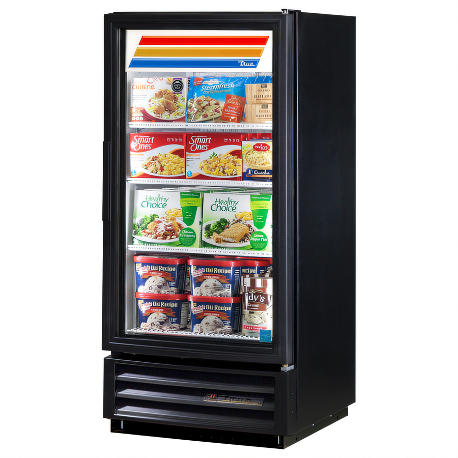 Product image #1 for True One-Section Glass Door Freezer Merchandiser, -10°F, Hinged Door, Bottom-Mount, 3 Shelves