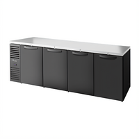 True 108-Inch Four-Section Refrigerated Back Bar Cooler with Stainless Steel Top and Solid Doors