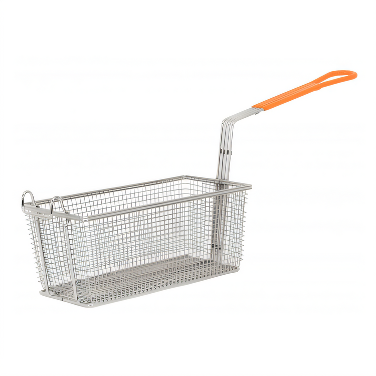 Product image #1 for Rectangular Medium Mesh Fryer Basket with Hanging Hook and Orange Heat-Resistant Handle