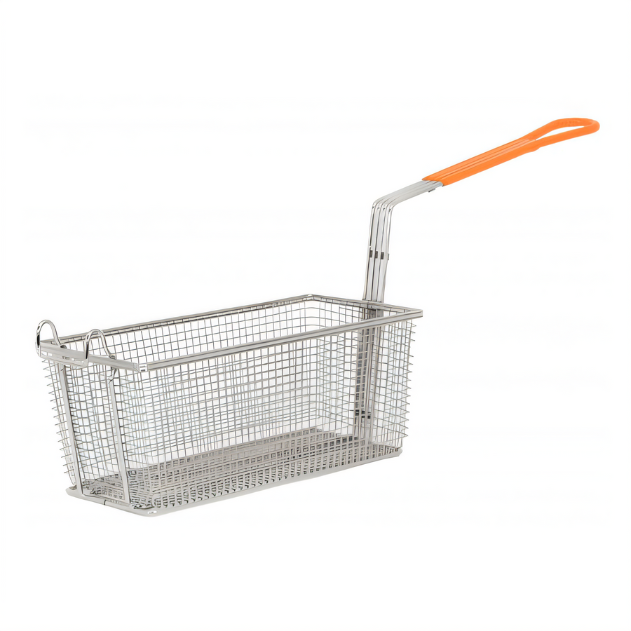 Product image #1 for Rectangular Medium Mesh Fryer Basket with Hanging Hook and Orange Heat-Resistant Handle