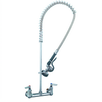 Wall Mount Pre-Rinse Mixing Faucet with Spring-Action Gooseneck, 8-Inch Centers, 18-Inch Riser, and 44-Inch Hose