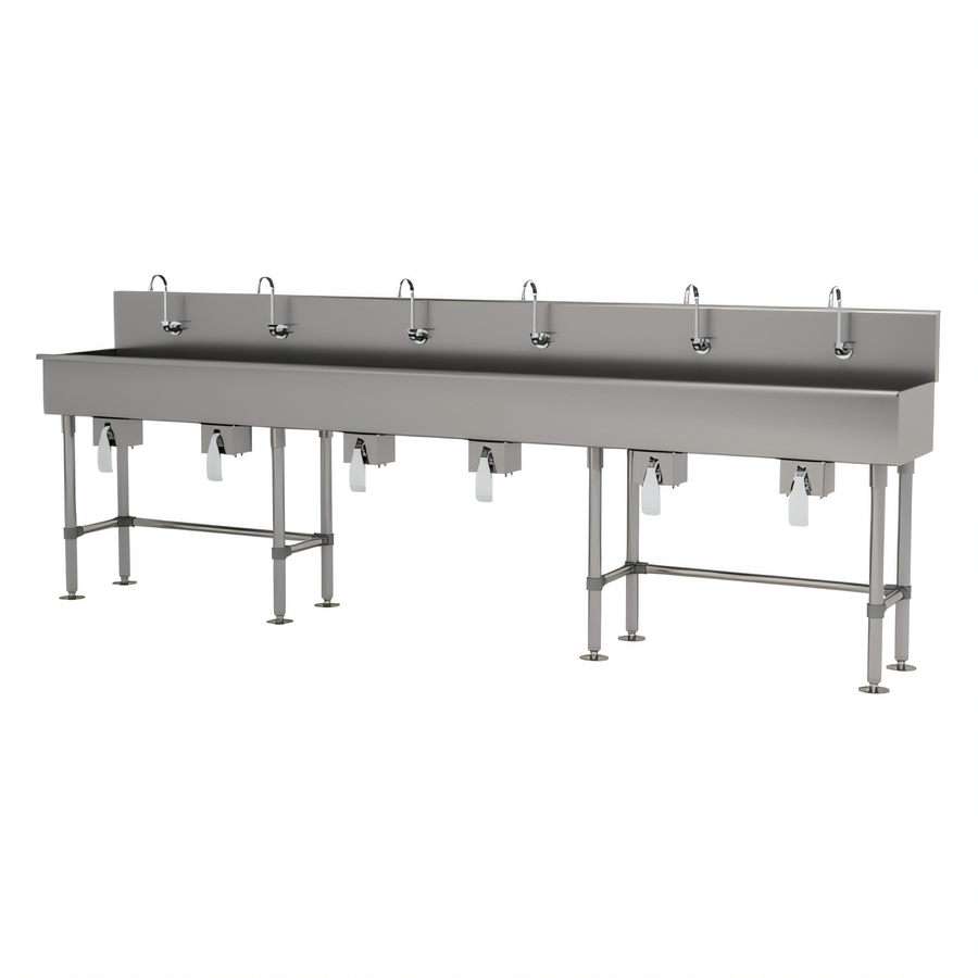 Product image #1 for Advance Tabco 6-Station Floor-Mounted Multiwash Hand Sink with Knee Valves, 120-Inch Wide