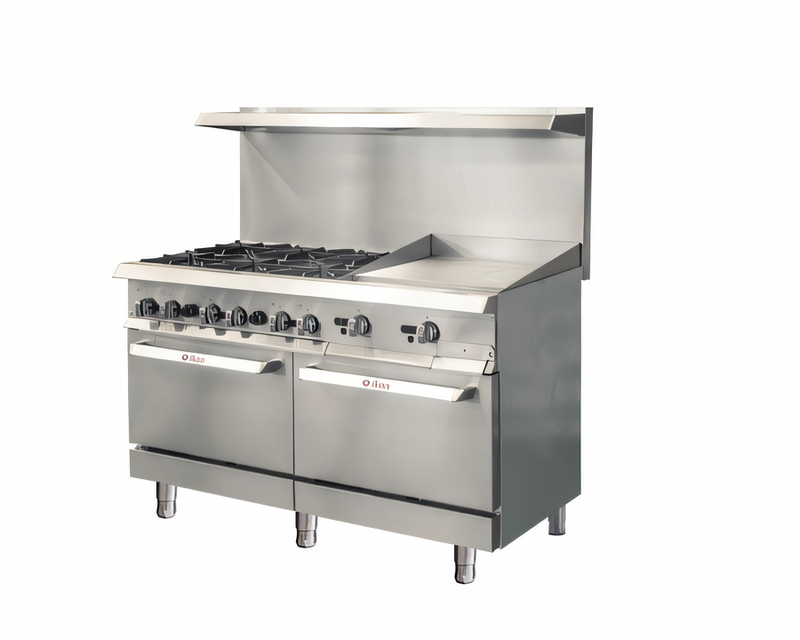 Product image #1 for IKON Cooking 60-Inch Natural Gas Commercial Range with 6 Open Burners, 24-Inch Griddle, and 2 Ovens