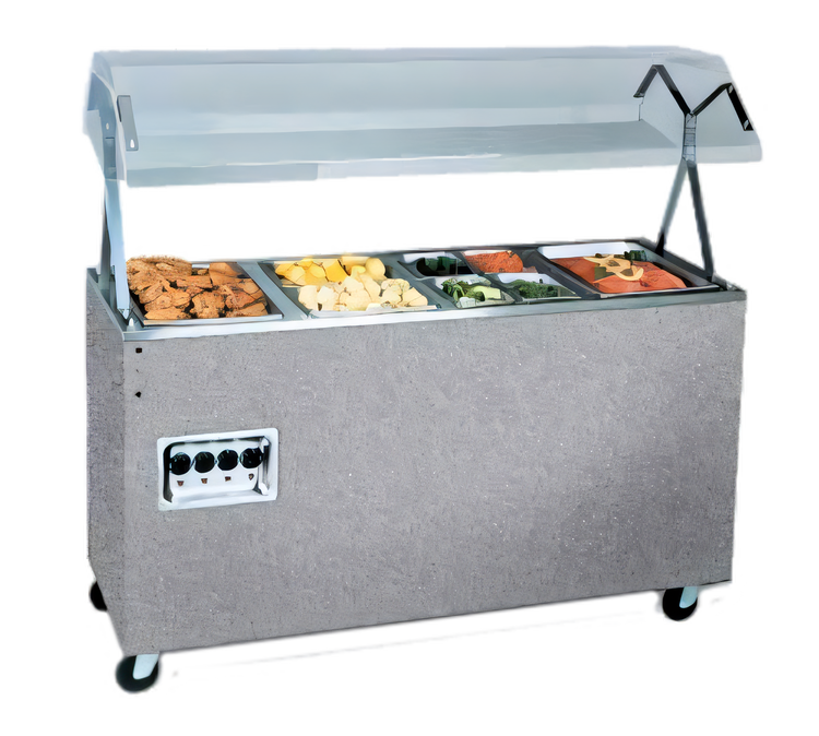 Product image #1 for Vollrath 2-Series Affordable Portable 3-Well Mobile Hot Food Station with Buffet Breath Guard and Lights, Walnut Woodgrain, 120/208-240V