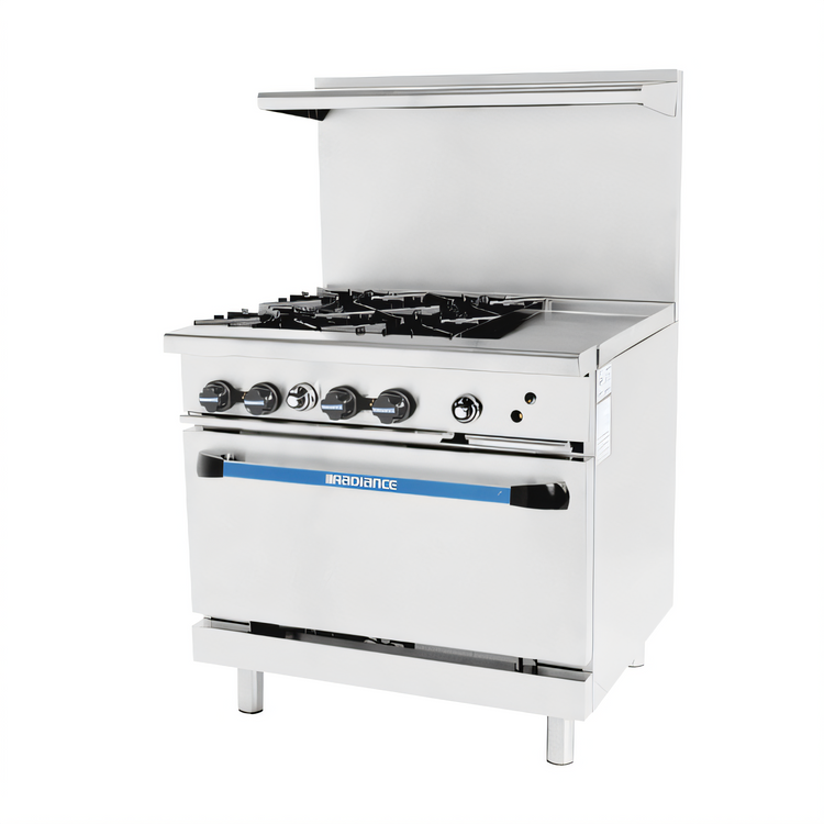 Product image #1 for Turbo Air Radiance 36-Inch Heavy-Duty Natural Gas Combination Restaurant Range with 4 Open Burners, 12-Inch Right Griddle, and Standard Oven