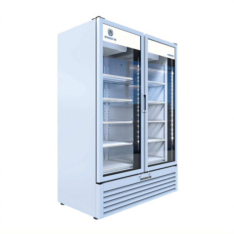 Product image #1 for Beverage Air Marketeer Two-Section Reach-In Glass Door Refrigerated Merchandiser, 41.66 Cu. Ft., White, Bottom-Mounted Self-Contained, R290