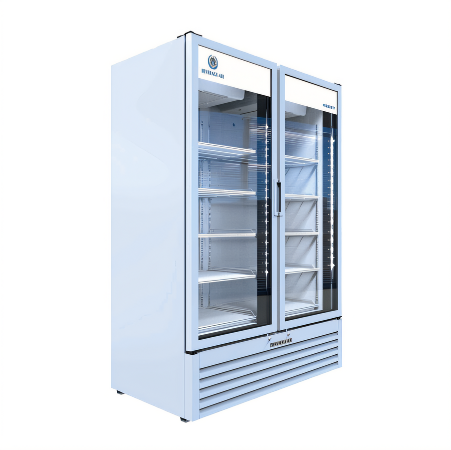 Product image #1 for Beverage Air Marketeer Two-Section Reach-In Glass Door Refrigerated Merchandiser, 41.66 Cu. Ft., White, Bottom-Mounted Self-Contained, R290