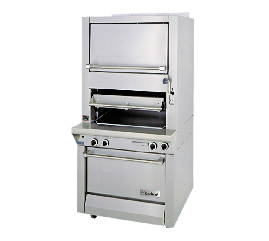 Product image #1 for Garland Master Series Heavy-Duty Gas Upright Broiler with Single Infrared Deck, Upper Warming Oven, and Standard Oven Base