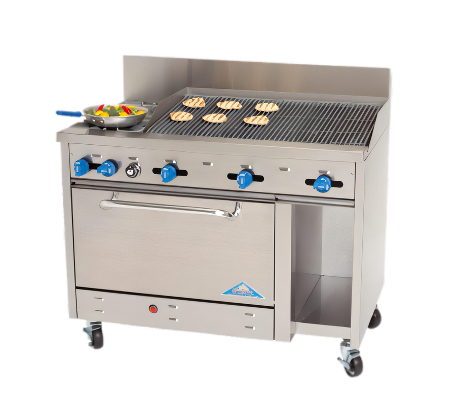 Product image #1 for Comstock-Castle F3430-3RB 48-Inch Gas Char-Broiler Range with 2 Open Star Burners, 36-Inch Char-Broiler, Oven, and Cabinet Base