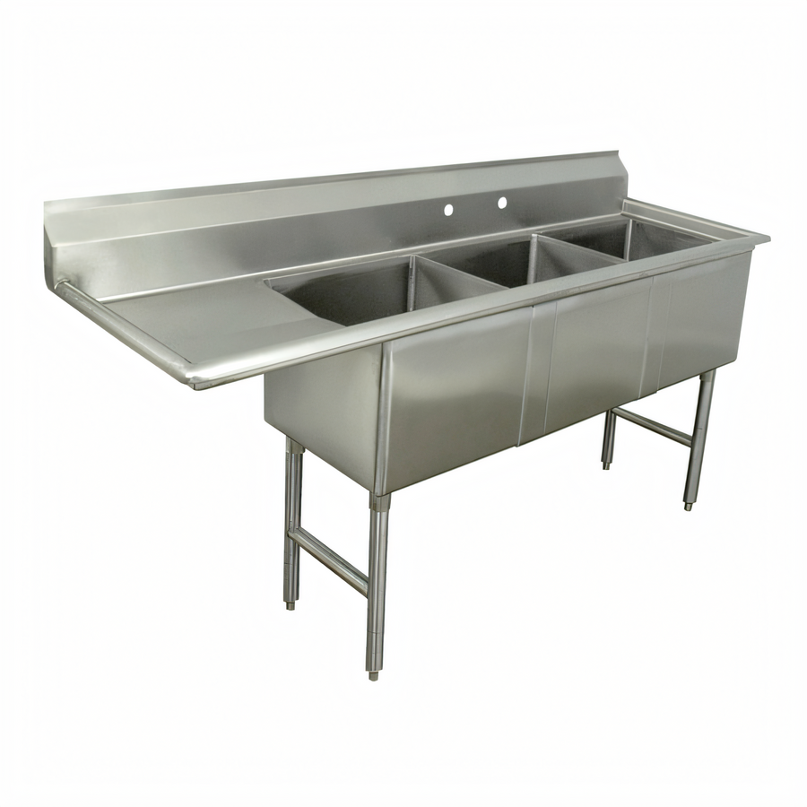 Product image #1 for Advance Tabco 3-Compartment Fabricated Sink with 24-Inch Left-Hand Drainboard, 16-Gauge 304 Stainless Steel